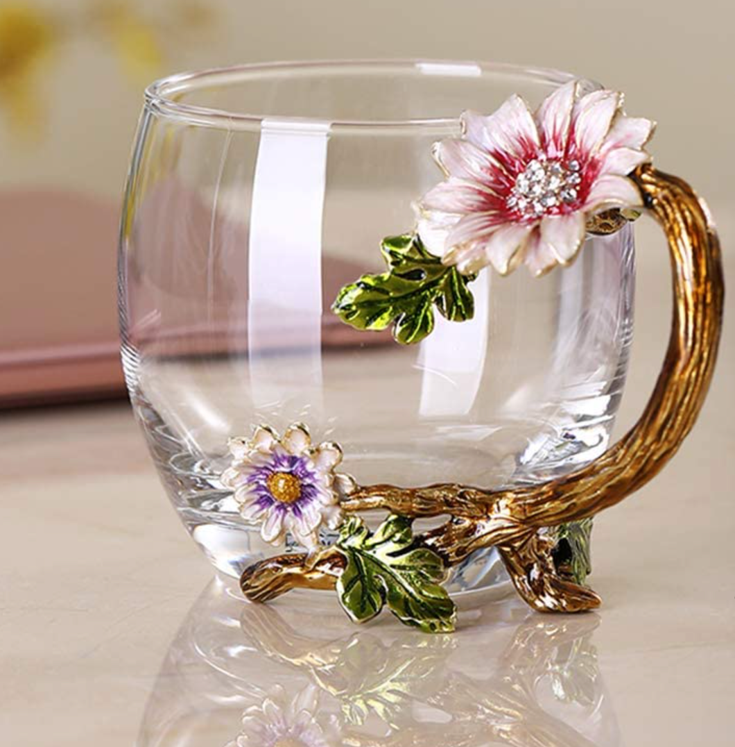 Enamel Sunflower Glass Tea Cup w/Spoon