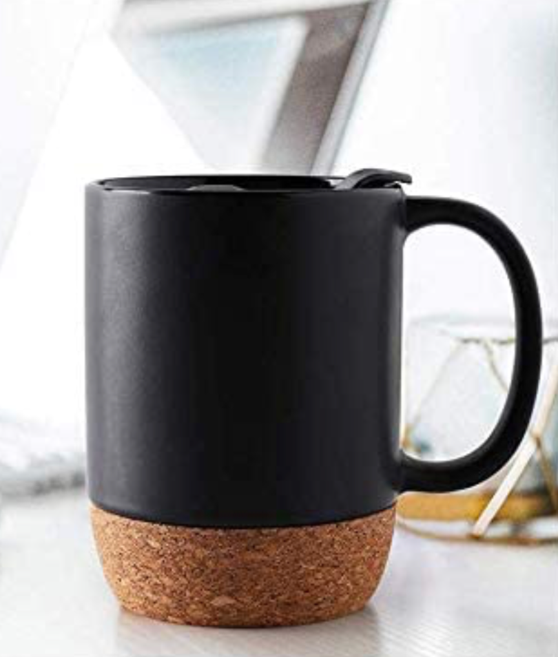 Matte Ceramic Mug w/Splash Lid & Insulated Cork Bottom